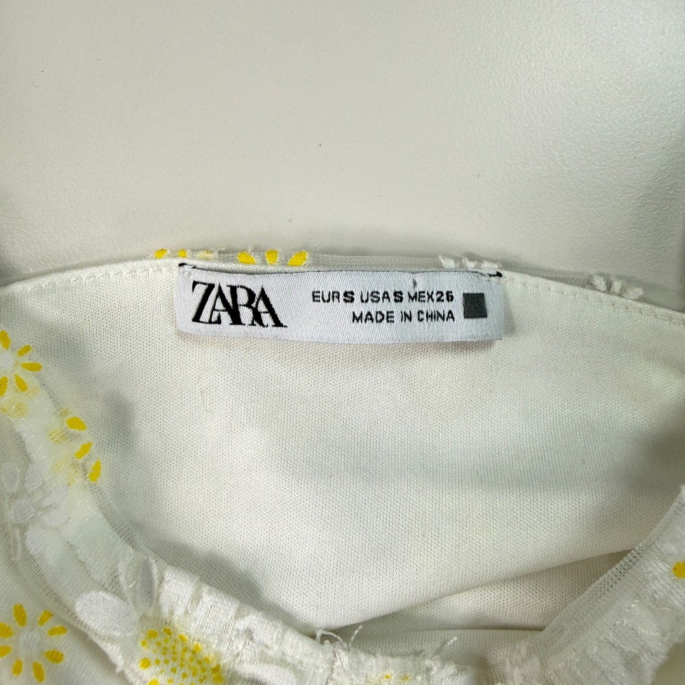 Zara White‎ Floral Mesh Top Sheer Ruched Crop Camisole Boho Summer Womens Small - Picture 5 of 10